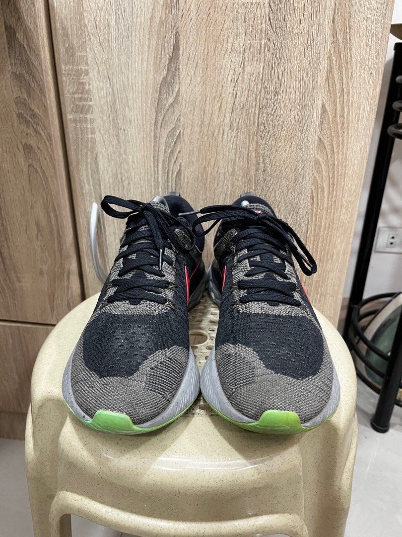 Nike React Infinity Run Flyknit 2 (Category: Sneakers) located in Manila. Submitted by gojosells (Listing ID 1408483416, Image 2). Description: - Nike React Infinity Run Flyknit 2 sneakers - Color: Black and grey - Features a red Nike swoosh - Sole: Green and grey - Size: US 10, UK 9, EUR 44, CM 28 - Black laces and grey midsole - Condition: Excellent -No Box.