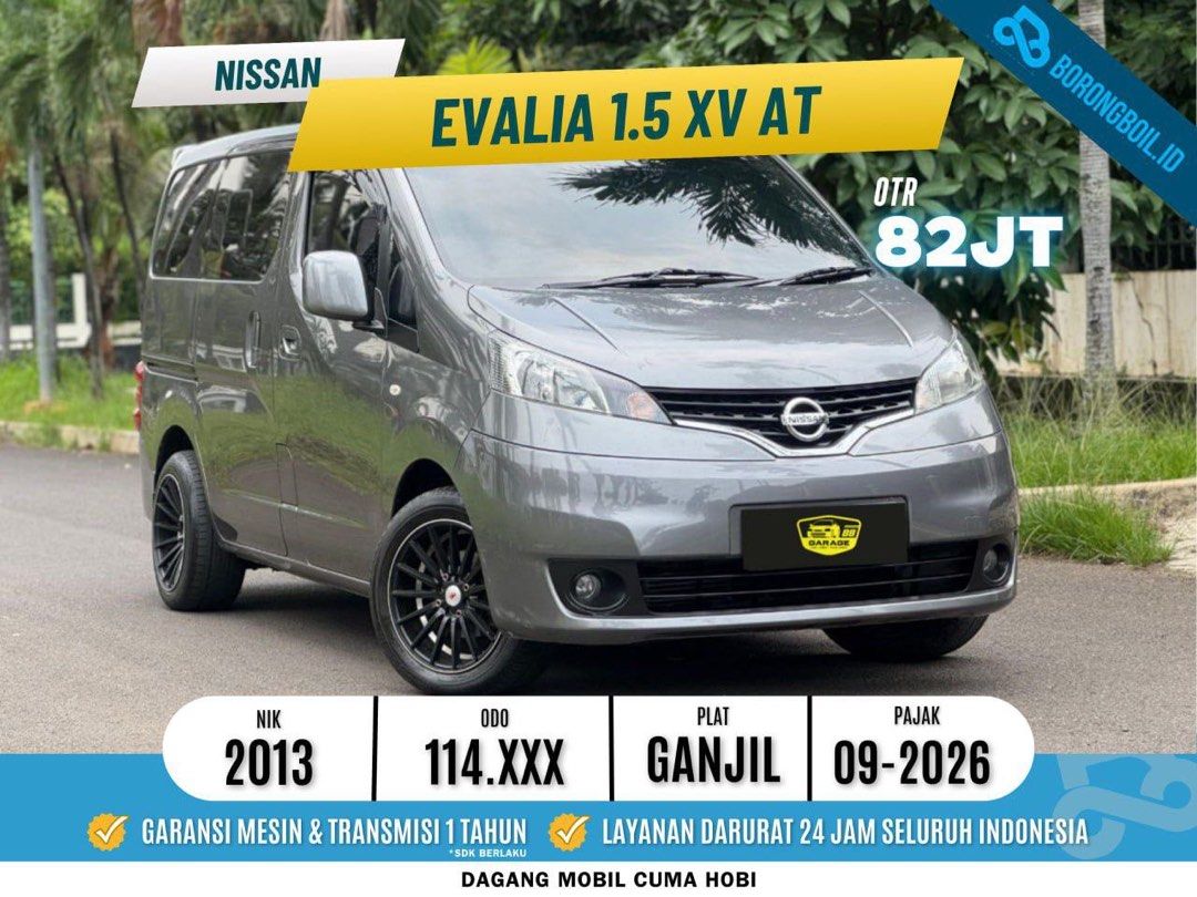 Nissan Evalia 1.5 XV AT 2013 ABU (Kategori: Mobil untuk Dijual) berada di Tangerang. Dikirim oleh dagang_mobil_cuman_hobby (ID iklan 1408423480, Gambar 1). Deskripsi: Evalia 1.5 XV AT 2013 Spec : - Mesin: 1.498 cc, 4-silinder inline, 16-katup, DOHC, Dual CVTC (kode mesin HR15DE) - Output maksimal: sekitar 109 PS 5.600 rpm - Torsi maksimal: sekitar 14,6 kg·m (-143 Nm) 4.000 rpm - Bahan bakar: bensin, sistem injeksi langsung (Direct Injection) - Ga