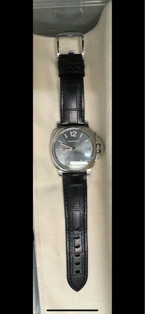 Panerai Watch (Category: Luxury Watches) located in Manila. Submitted by rhaze01 (Listing ID 1408326678, Image 2). Description: - Panerai watch - Dark grey dial - Date display at 3 o'clock - Small seconds subdial - Stainless steel case - Black leather strap - Luminous hands and markers - Crown protector Complete w/box Price 390,000 neg.