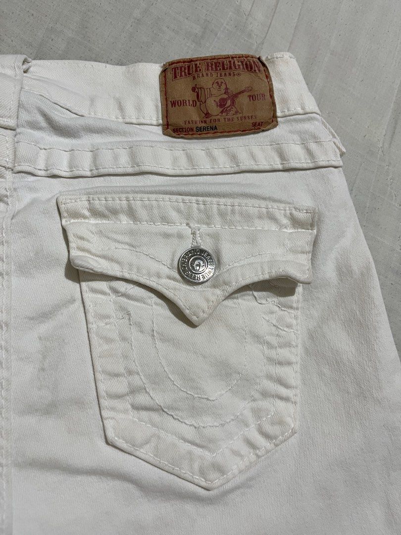 True Religion x Serena White Denim Pants (Category: Jeans) located in Subic. Submitted by quickieflips (Listing ID 1408350703, Image 3). Description: True Religion x Serena White Denim Pants Made in USA Waistline: 28-30 Length: 36.5” Front Rise: 8.5” Back Rise: 13” Inseam: 27.5” Leg Opening: 5” Issue: Minimal loose stitching (repairable) 400 php Shipping fee will be shouldered by the buyer Location: Olongapo / Subic.