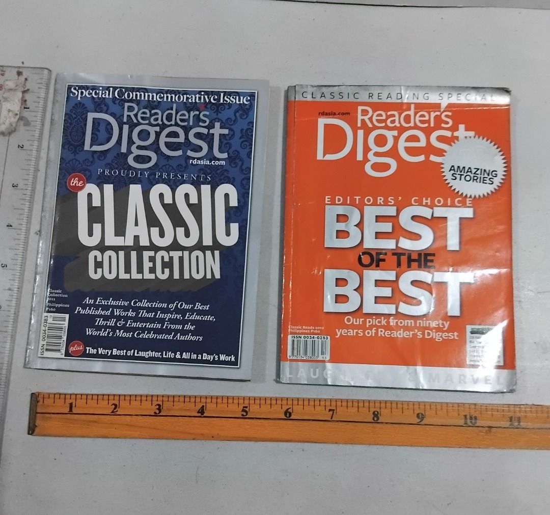 2 Special Issues Reader's Digest Magazine - Classic Collection 2011 and Classic Reads 2012 (Category: Magazines) located in Marikina City. Submitted by my-an (Listing ID 1408639049, Image 1). Description: 2 Special Issues Reader's Digest Magazine 1. Classic Collection 2011 Special Commemorative Issue - The Classic Collection An exclusive collection of Readers Digest's best published works that inspire, educate, thrill and entertain from the world