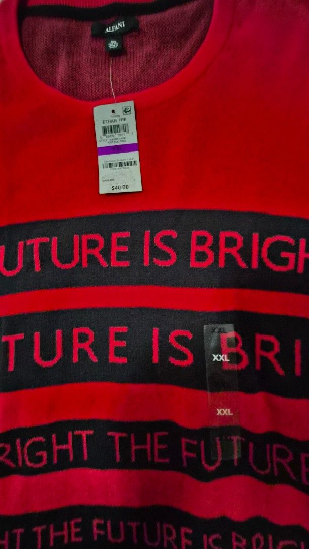 Alfani The Future is Bright Sweater XXL (Category: Coats, Jackets and Outerwear) located in Muntinlupa City. Submitted by atol0987 (Listing ID 1408564016, Image 2). Description: - Brand: Alfani - Size: XXL - Design: Red sweater with black stripes and "THE FUTURE IS BRIGHT" text - Features: Crew neck, long sleeves - Condition: New with tags.
