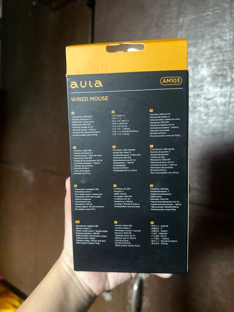 AULA AM103 (Category: Mouse & Mousepads) located in Manila. Submitted by dukejah (Listing ID 1408591079, Image 2). Description: Brand new available 10pcs •Connection: USB wired •Number of buttons: 3 •Button lfe: 1 million times •Resolution: 1000 DPI •Working voltage: DC 5V •Working current: < 100mA •Product size: 116.5x61.5x37.9mm •Product weight: about 76.5g.