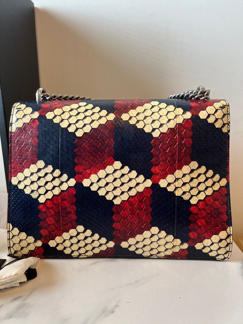 Authentic Gucci Medium Dionysus Python (Category: Bags & Wallets) located in Kuala Lumpur. Submitted by christ79 (Listing ID 1408556962, Image 3). Description: Width : 12 inch Height : 8 inch Depth : 4 Inch Condition : Very Good Condition Comity with box , Dust bag and authentic card label.( as per photo) This is handcrafted in Python skin.(RARE) Only meet up or by Lalamove ( fees by buyer).