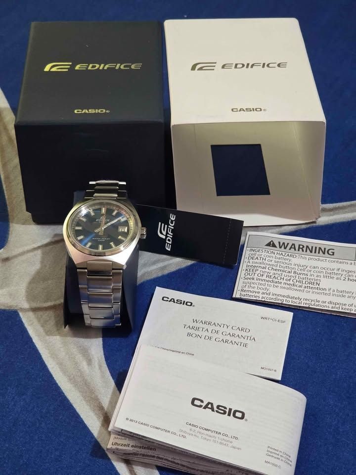 Casio Edifice Watch (Category: Men's Watches) located in Taguig. Submitted by veilsly (Listing ID 1408535917, Image 3). Description: Casio Edifice Style: EFB-109D-2AVCF (Blue dial on silver) onhand brand new, unused, complete with papers. tags, screen plastic protector intact Local SRP: 10K - Case size (L× W× H): 43.5 × 38.5 × 9.2 mm - Weight: 127 g - Sapphire Crystal window - Stainless Steel Band - One-touch 3-fold Clasp - 100-meter water resist