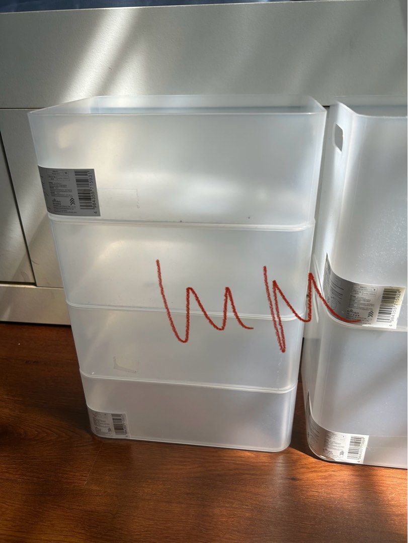 Daiso Stackable Storage Box (medium & large) (Category: Storage Boxes & Baskets) located in Kuala Lumpur. Submitted by minminner (Listing ID 1408629725, Image 1). Description: Clearing space, used with care so no defects other than the daiso tags is a little worn out. 1 large 1 large deep left.