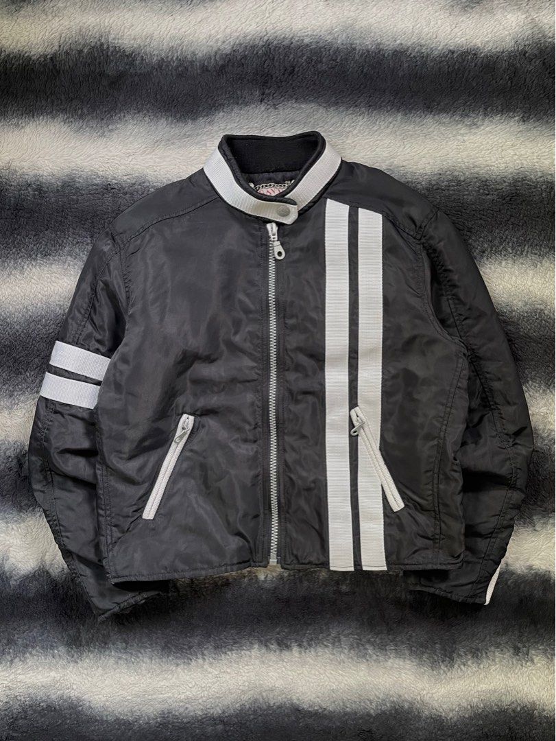Gavin Cafe Racer Nylon Jacket (Category: Coats, Jackets and Outerwear) located in Batangas. Submitted by memento___ (Listing ID 1408668204, Image 1). Description: Size on tag: M Length: 22.2” Pit to pit: 21” tapers to 19” Shoulder: 18” Sleeve Length: 22” Flaw/s: scratches 1800 PHP.