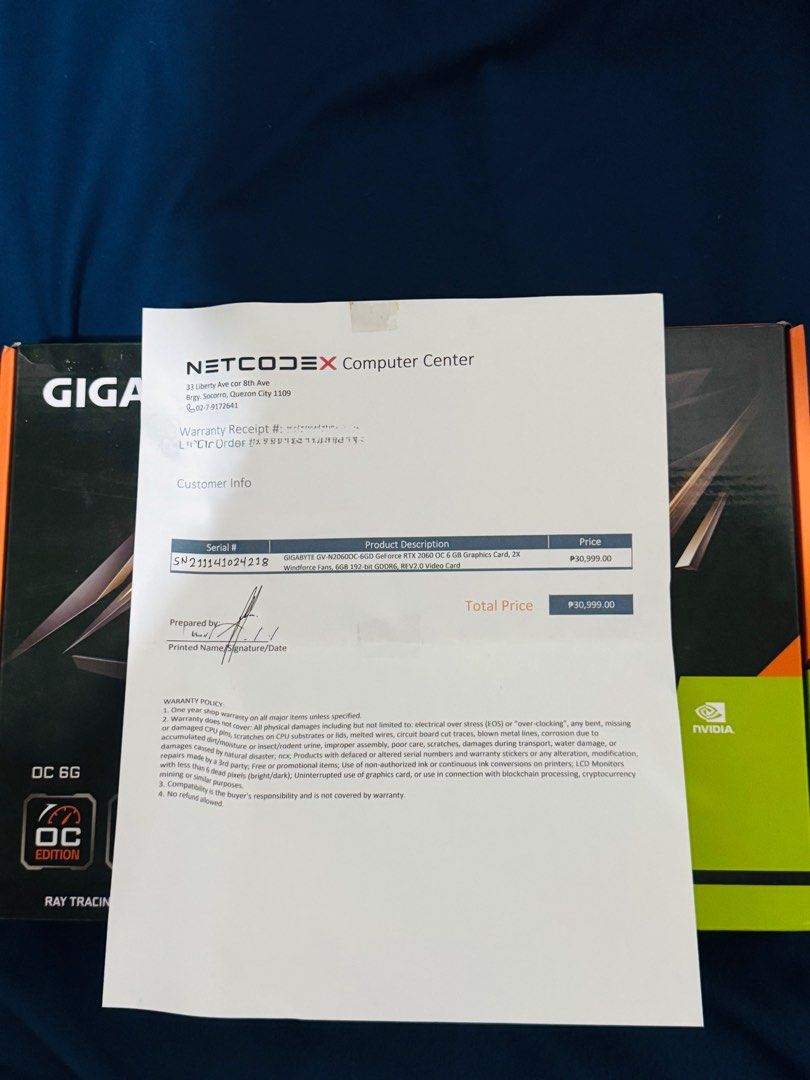 Gigabyte GeForce RTX 2060 OC 6G (Category: Computer Parts) located in General Santos City (Dadiangas). Submitted by markestrada1995 (Listing ID 1408505144, Image 3). Description: - Gigabyte GeForce RTX 2060 OC 6G - Includes original box, quick guide, and driver CD - Originally priced at ₱30999 - No issues - RFS: Extra Video Card - More Details : https://drive.google.com/drive/folders/1xRf9QEqxVCoMfM3VmOoN3U6pu5Mk6hqP - I can do meet ups for nearb