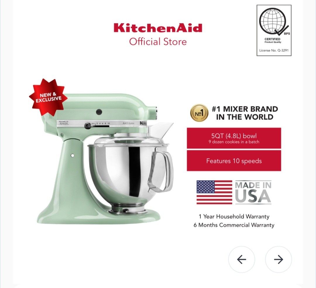 kitchen aid 4.8L artisan model 5Q pistachio (Category: Hand & Stand Mixers) located in Quezon City. Submitted by krista_closet (Listing ID 1408532947, Image 1). Description: brand new with box.