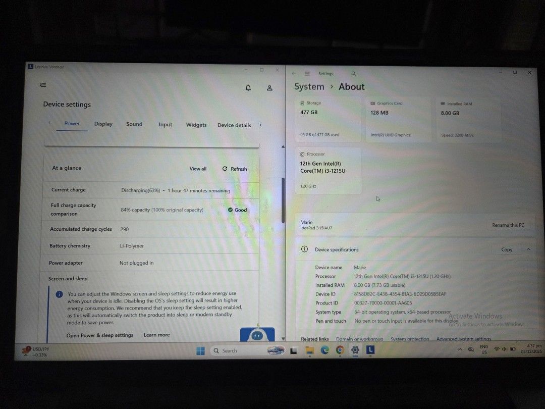 Lenovo laptop ideapad slim i3 (Category: Laptops & Notebooks) located in Pasig City. Submitted by jtruj (Listing ID 1408544060, Image 2). Description: - Lenovo laptop - Intel Core i5 12th Gen processor - 8GB RAM - 477GB storage - Gray color - Keyboard layout visible - Sticker on the bottom - Screen displays system information issue few discolor.