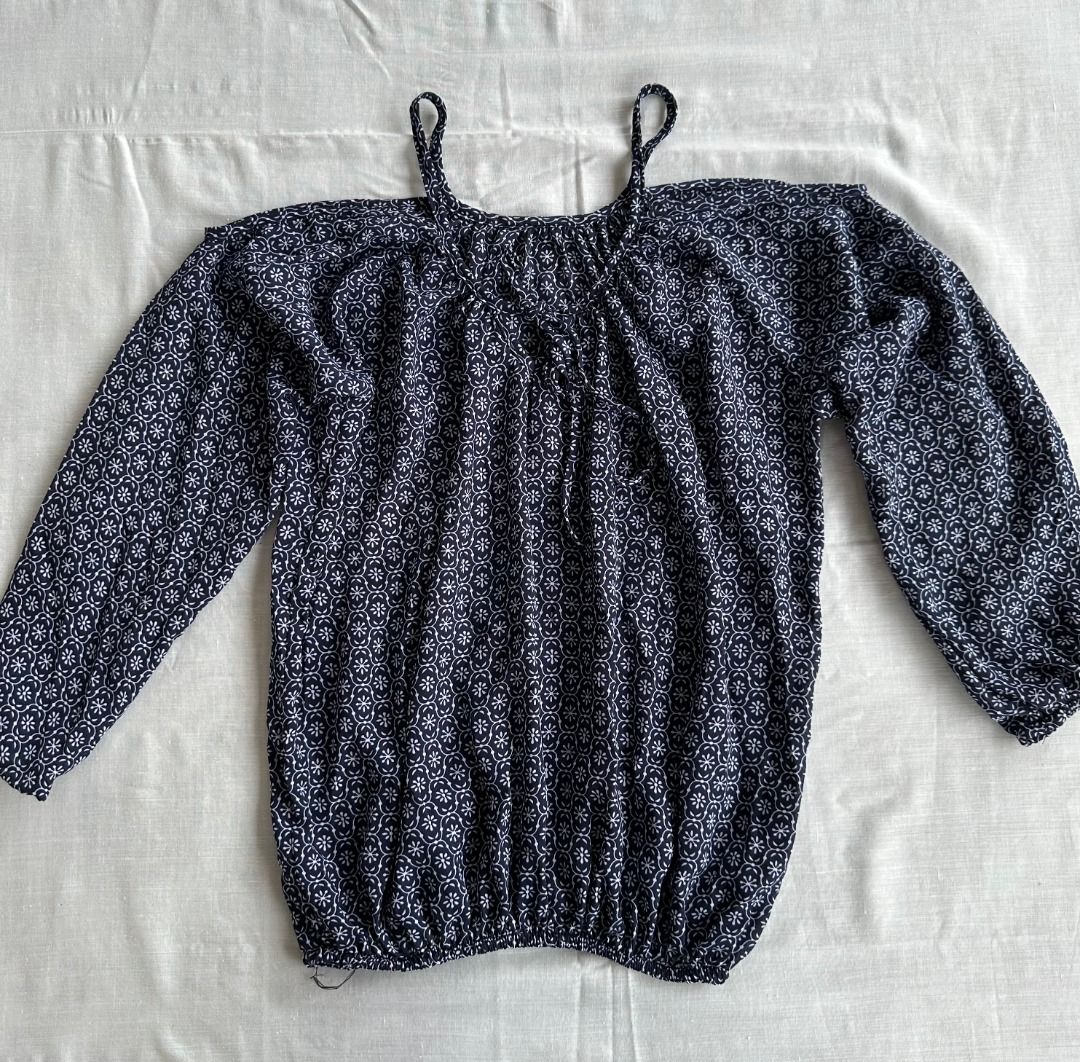Off-Shoulder Blouse with Floral Print Size XS Small (Category: Blouses) located in Balanga. Submitted by manitidiana (Listing ID 1408658331, Image 3). Description: - Navy blue and white floral print - Off-shoulder design - Long sleeves - Spaghetti straps - Elastic band at the bottom - Gathered neckline - Lightweight fabric.