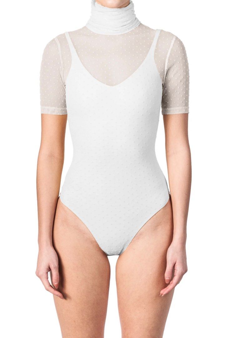 PATTON DOTTED MESH SHORT SLEEVE HIGH NECK BODYSUIT (Category: Sleeveless) located in Imus. Submitted by _shalinvm (Listing ID 1408529133, Image 2). Description: Worn once. Best fitted for petite frames XXS-XS W-24in B-31in Last price posted Same day delivery With patton zip lock .