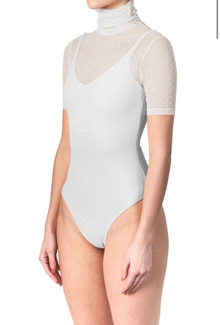 PATTON DOTTED MESH SHORT SLEEVE HIGH NECK BODYSUIT (Category: Sleeveless) located in Imus. Submitted by _shalinvm (Listing ID 1408529133, Image 1). Description: Worn once. Best fitted for petite frames XXS-XS W-24in B-31in Last price posted Same day delivery With patton zip lock .