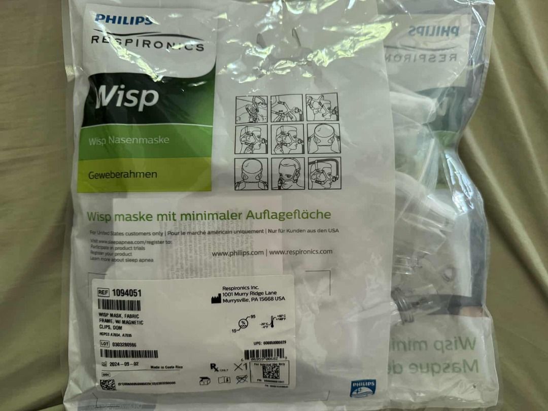 Philips Respironics Wisp CPAP Masks (Category: Medical Supplies & Tools) located in Pasig City. Submitted by primehouse (Listing ID 1408634250, Image 2). Description: Philips Respironics Wisp CPAP masks Made in Costa Rica The Wisp masks have a minimal contact design. Both are designed for comfortable sleep therapy. The masks are new and sealed in their original packaging. Includes the mask and all original components. Available stock left - 1 WIS