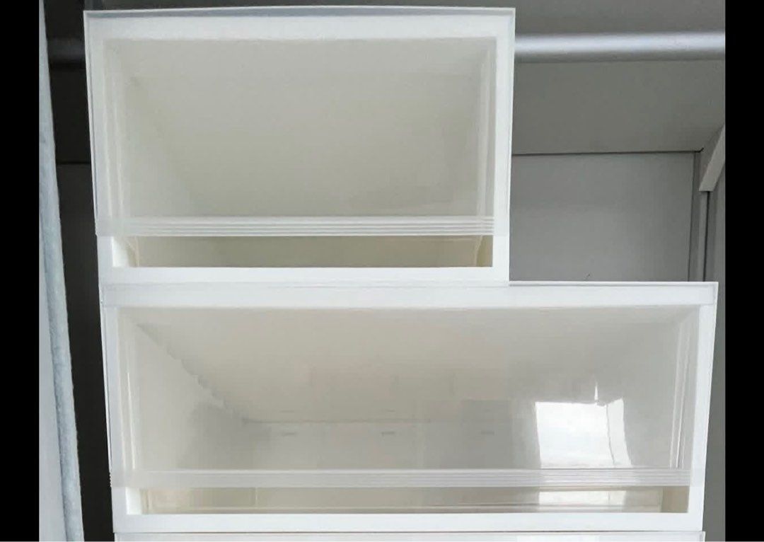 Stackable White Storage Drawer (Category: Storage Boxes & Baskets) located in Singapore. Submitted by smt168 (Listing ID 1408674251, Image 2). Description: Combine and stack as you want. Able to pull out All in great condition, no defects 1x small size 1x big size Small Width: 34 cm Depth: 46 cm Height: 20.5 cm Retails for $24.90 each Asking for $10 Big Width: 51 cm Depth: 46 cm Height: 20.5 cm Retails for $31.90 each Asking for $15.