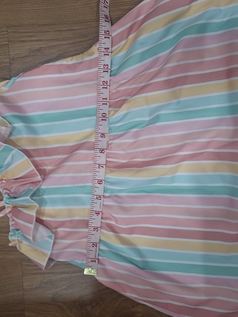 Striped Summer Dress (Category: Babies & Kids Fashion) located in Manila. Submitted by kitto222 (Listing ID 1408584269, Image 2). Description: - Pastel striped summer dress - Ruffled neckline and straps - Lightweight fabric - Waist: approximately 16 inches across - Chest: approximately 24 inches across.