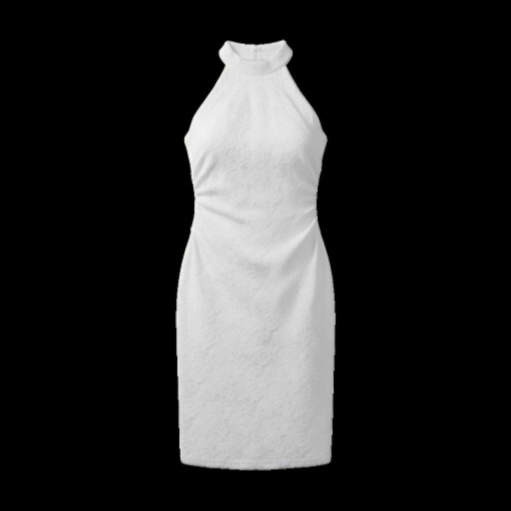 White lace Halter Neck dress (Category: Dresses) located in Valenzuela. Submitted by janettarograman (Listing ID 1408624231, Image 1). Description: White lace halter Neck midi dress in a body con style. The Dress features a high neckline and the fabric has a sheer section at the lower calf, with an opaque lining to mid-high..