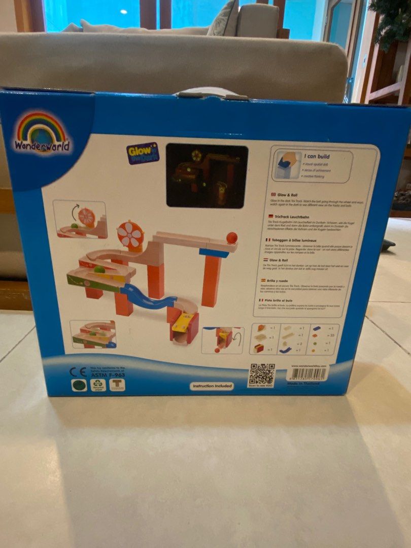 Wonderworld Trix Track Glow & Roll WW-7006 (Category: Educational & Learning Toys) located in Pasig City. Submitted by sms2019 (Listing ID 1408532093, Image 2). Description: - Wonderworld Trix Track Glow & Roll toy set. - Includes wooden track pieces, spiral, and other components. - Easy to build. - Features a glowing effect. - Designed for children aged 36 months and up..