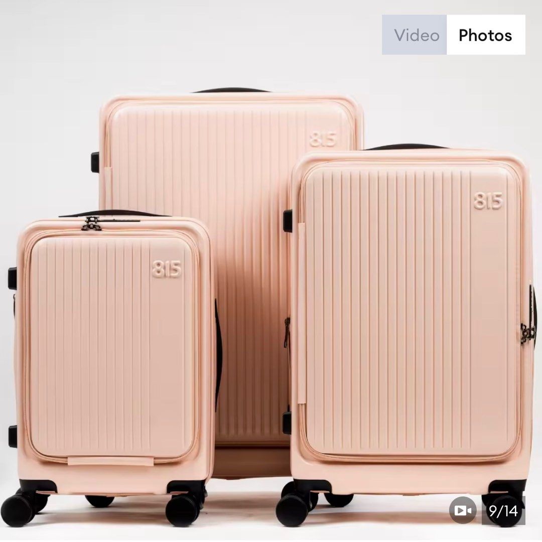 815 Co Alpha PC Hard Case Luggage Set (Blush Pink) (Category: Luggage) located in Pasay City. Submitted by declutterwithkae (Listing ID 1408768096, Image 1). Description: - 3 pc luggage set - small, medium, and large - Used but not abused - RFS: Purchased new luggage set.
