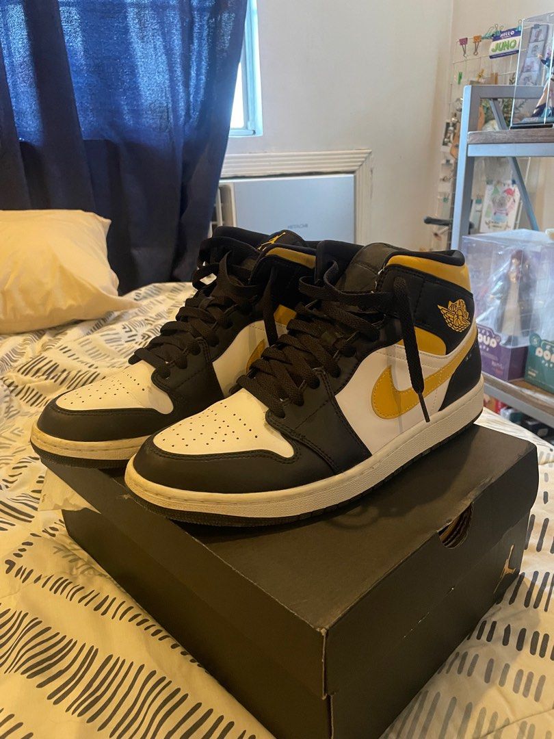 Air Jordan 1 Mid White Pollen Black (Category: Sneakers) located in Las Pinas. Submitted by bmtl_ (Listing ID 1408737931, Image 1). Description: - Air Jordan 1 Mid in white, pollen, and black colorway - Size 11 US - Comes with the original box and receipt - RFS: Decluttering, only used less than 5 times.