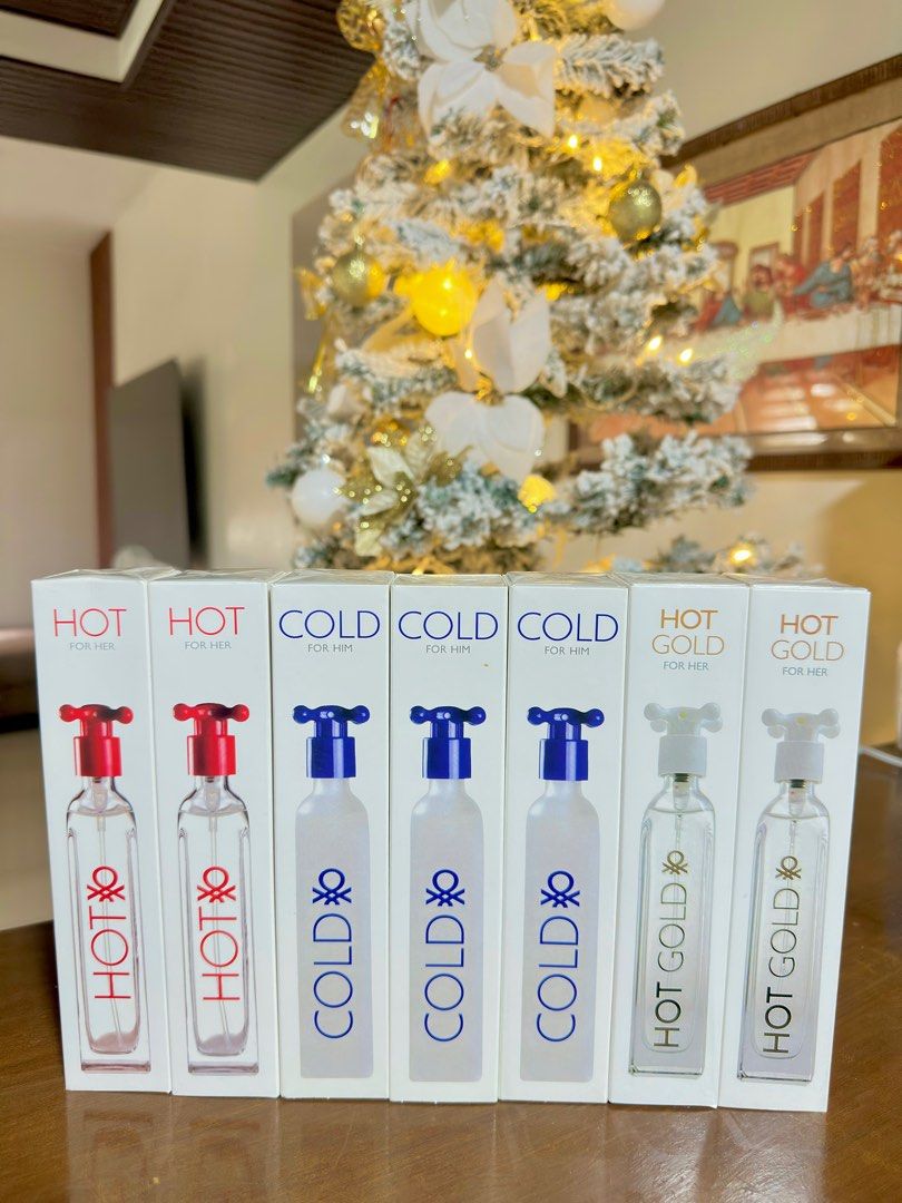 Benetton Hot, Cold, Hot Gold Perfume (Category: Fragrance & Deodorants) located in General Mariano Alvarez. Submitted by donnabeys (Listing ID 1408753092, Image 1). Description: - Benetton Women's Perfume Collection - Includes: Hot, Cold, and Hot Gold fragrances - Each bottle in original packaging - Features a unique tap-like bottle design - Ideal for gifting or personal collection.