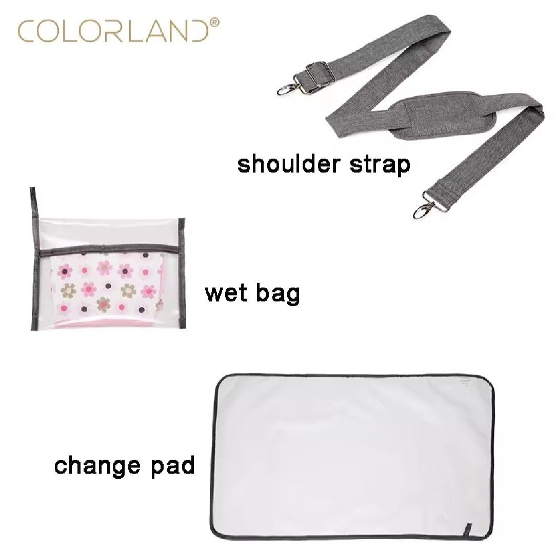 Colorland Diaper Bag - Grey (Category: Diaper Bags & Wetbags) located in Pasig City. Submitted by apscloset (Listing ID 1408804021, Image 3). Description: Preloved diaper bag... Still in great condition... Price negotiable for serious buyers... Stylish and spacious Colorland diaper bag. Features multiple pockets: 1 main bag, 3 front pockets, 2 side pockets, and 1 back pocket. Includes a shoulder strap, wet bag, and change pad. The adjustable shou
