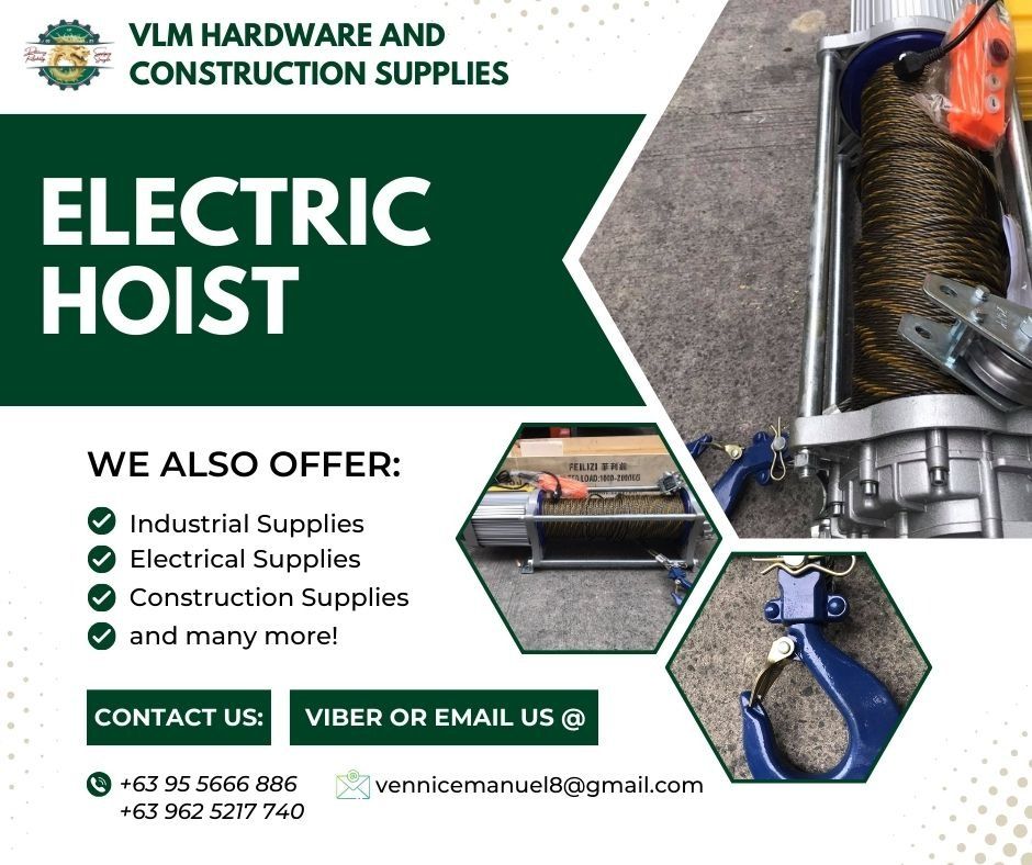 Electric Hoist (Category: Construction Tools & Equipment) located in Manila. Submitted by vlmhardwarevennice (Listing ID 1299822452, Image 1). Description: VLM Hardware and Construction Supplies Message and get a quote now! 📍 City of Imus, Cavite Satellite office at manila.