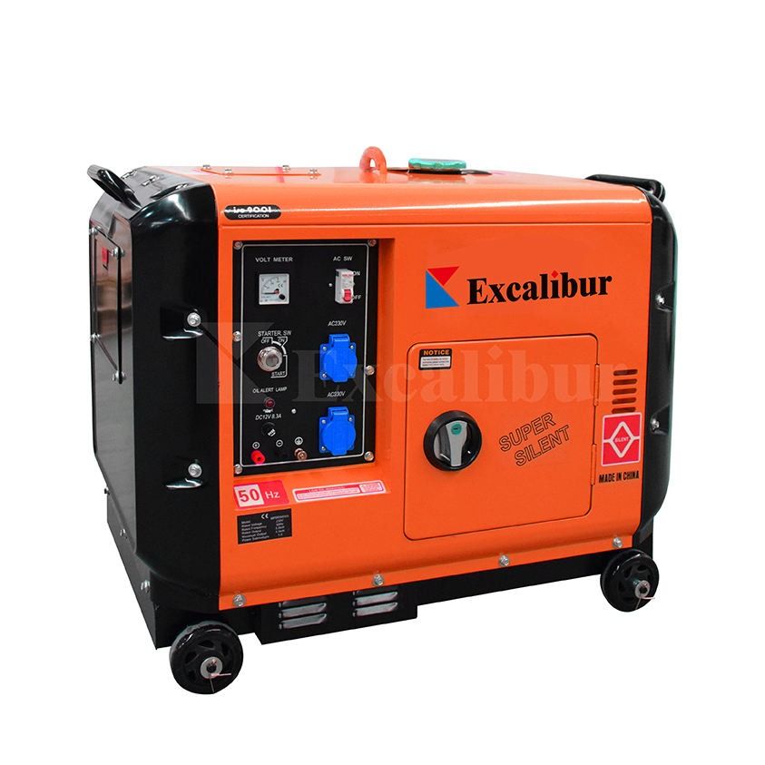 Excalibur Super Silent Generator (Category: Construction Tools & Equipment) located in San Pablo. Submitted by anneviiee0007 (Listing ID 1408704925, Image 2). Description: Excalibur Super Silent generator. Features a control panel with a voltmeter, AC output, and various power outlets. It has a fuel gauge and a start/stop switch. The generator is orange and black, with wheels for easy movement. It is labeled as "Super Silent" and "Made in China".