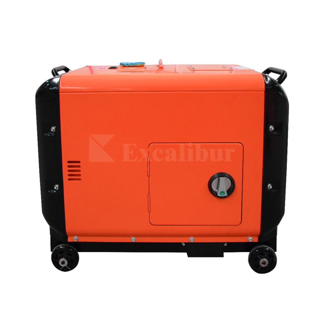 Excalibur Super Silent Generator (Category: Construction Tools & Equipment) located in San Pablo. Submitted by anneviiee0007 (Listing ID 1408704925, Image 1). Description: Excalibur Super Silent generator. Features a control panel with a voltmeter, AC output, and various power outlets. It has a fuel gauge and a start/stop switch. The generator is orange and black, with wheels for easy movement. It is labeled as "Super Silent" and "Made in China".