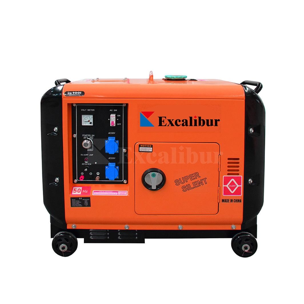 Excalibur Super Silent Generator (Category: Construction Tools & Equipment) located in San Pablo. Submitted by anneviiee0007 (Listing ID 1408704925, Image 3). Description: Excalibur Super Silent generator. Features a control panel with a voltmeter, AC output, and various power outlets. It has a fuel gauge and a start/stop switch. The generator is orange and black, with wheels for easy movement. It is labeled as "Super Silent" and "Made in China".