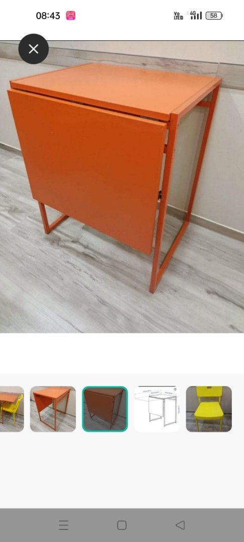 Extendable Table (Category: Tables & Sets) located in Singapore. Submitted by cosmicproqi (Listing ID 1408754110, Image 1). Description: - Stylish extendable table - Perfect for small spaces, extendable to seat 2 pax - Dimensions: 92cm x 60cm x 74cm (fully extended) - White colour available, only 1 set of orange -$8 per unit, multiple units available.