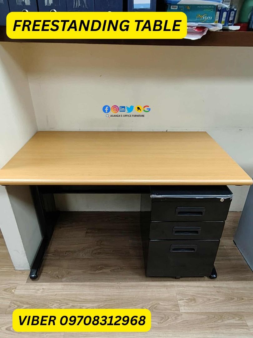 freestanding table with mobile pedestal (Category: Tables & Sets) located in Quezon City. Submitted by asanzasmik45405 (Listing ID 1408742270, Image 1). Description: A freestanding table is a self-supported, movable piece of furniture, not attached to walls or floors, available in various designs like simple surfaces, C-shaped extenders, or office desks with features like cable management, offering flexibility in placement and function for dining