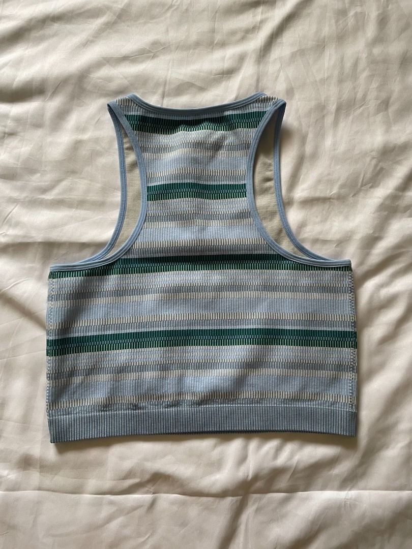 Garage Striped Tank Top (Category: Sleeveless) located in Paranaque City. Submitted by tortoisee (Listing ID 1408877025, Image 2). Description: condition: only used once, no damage or stains - striped design in blue, green, and gray - ribbed knit material - cropped style - rfs: decluttering.