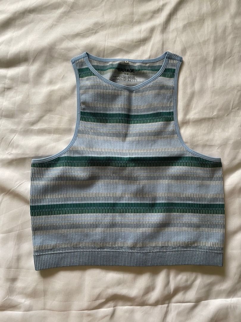 Garage Striped Tank Top (Category: Sleeveless) located in Paranaque City. Submitted by tortoisee (Listing ID 1408877025, Image 1). Description: condition: only used once, no damage or stains - striped design in blue, green, and gray - ribbed knit material - cropped style - rfs: decluttering.
