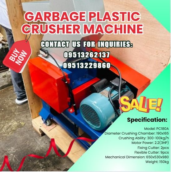 Garbage Recycle Plastic Crusher Machine Garbage Plastic Crusher Machine (Category: Everything Else Others) located in Caloocan City. Submitted by jayvanntag48794 (Listing ID 1408791887, Image 1). Description: Sale ‼️ Sale ‼️ Sale ‼️ Sale ‼️ Sale ‼️ Specification: Model: PC180A Diameter Crushing Chamber: 190x165 Crushing Ability: 300-100kg/h Motor Power: 2.2(3HP) Fixing Cutter: 2pcs Flexible Cutter: 9pcs Mechanical Dimension: 650x530x980 Weight: 1