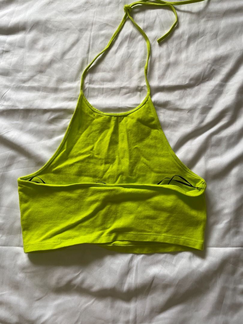 H&M Neon Green Halter Top (Category: Sleeveless) located in Paranaque City. Submitted by tortoisee (Listing ID 1408876863, Image 2). Description: condition: used a couple of times, no damage or stains - cropped length - soft & lightweight fabric - rfs: decluttering.