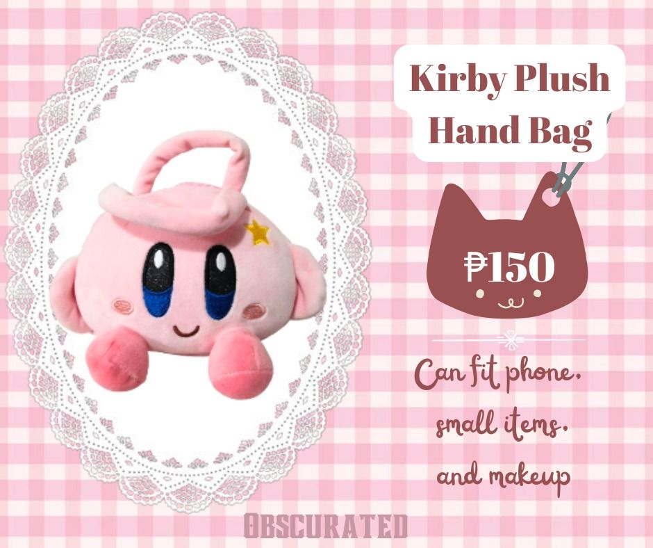 Kirby Plush Hand Bag Kawaii (Category: Purses & Pouches) located in Bacoor. Submitted by obscurated (Listing ID 1408757554, Image 1). Description: - Adorable Kirby plush handbag - Perfect size for your phone, small items, and makeup. ⁺‧₊˚ ཐི⋆♱⋆ཋྀ ˚₊‧⁺ Please READ the following before sending a DM: ♡ Mine Basis only. ♡ Payment first before shipment. Accepting GCash / Bank transfer ♡ No Rush Shipping - can usually ship on Monday or Tuesday (subject