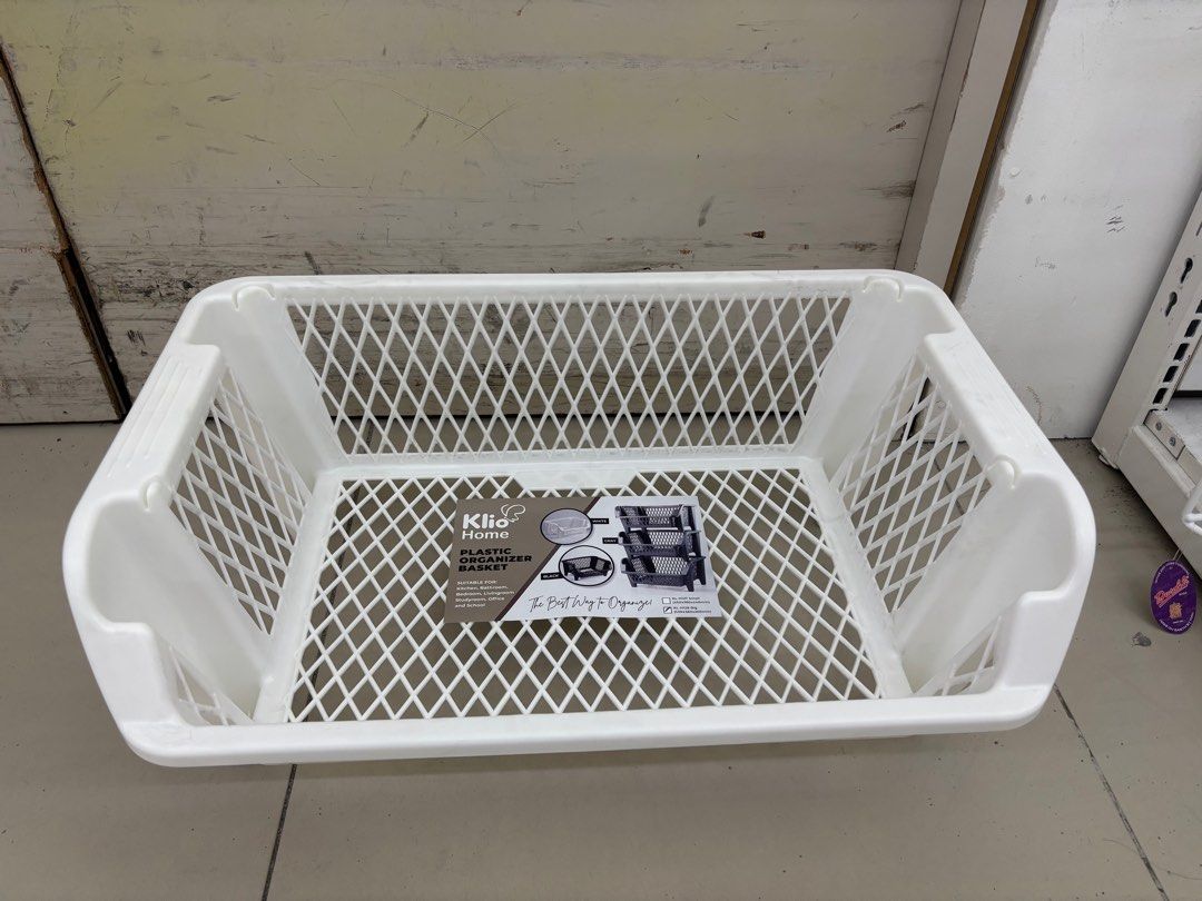 Klio Home Plastic Organizer Basket (Category: Storage Boxes & Baskets) located in Quezon City. Submitted by GlamourD (Listing ID 1408816158, Image 2). Description: - Klio Home organizer basket - White color with diamond pattern - Includes handles for easy carrying - Ideal for bedroom, bathroom, kitchen, office, and school - Versatile storage solution -6 pcs available, very like new! - For take all only @120 each.