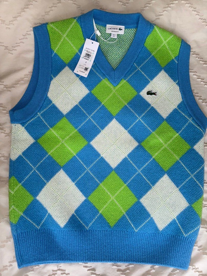 Lacoste Argyle Vest (Category: Vests) located in Manila. Submitted by ugcmeech (Listing ID 1408830216, Image 1). Description: - Authentic Lacoste vest - Argyle pattern - V-neck design - Mens Size 3 (US S) - Includes original tags and packaging - Used once for a photo.