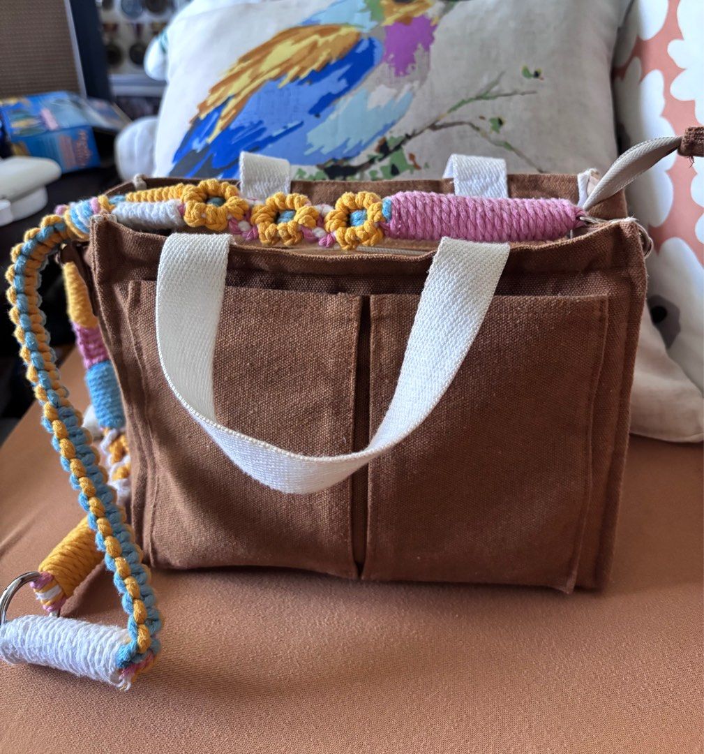 Mini multi pocket camvass bag (Category: Cross-body Bags) located in Cebu City. Submitted by aryssscloset (Listing ID 1408851847, Image 1). Description: Mini Multi Pocket Canvass Bag with Very pretty macrame sunflower bag strap Bag size: 9 inches x 7 inches Base: 4 inches Color: mocha Selling for 500 pesos Cebu based Decluterring Can be shipped via LBC cop for manila 104 pesos only.