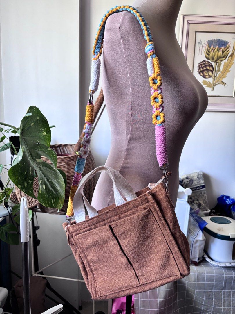 Mini multi pocket camvass bag (Category: Cross-body Bags) located in Cebu City. Submitted by aryssscloset (Listing ID 1408851847, Image 2). Description: Mini Multi Pocket Canvass Bag with Very pretty macrame sunflower bag strap Bag size: 9 inches x 7 inches Base: 4 inches Color: mocha Selling for 500 pesos Cebu based Decluterring Can be shipped via LBC cop for manila 104 pesos only.
