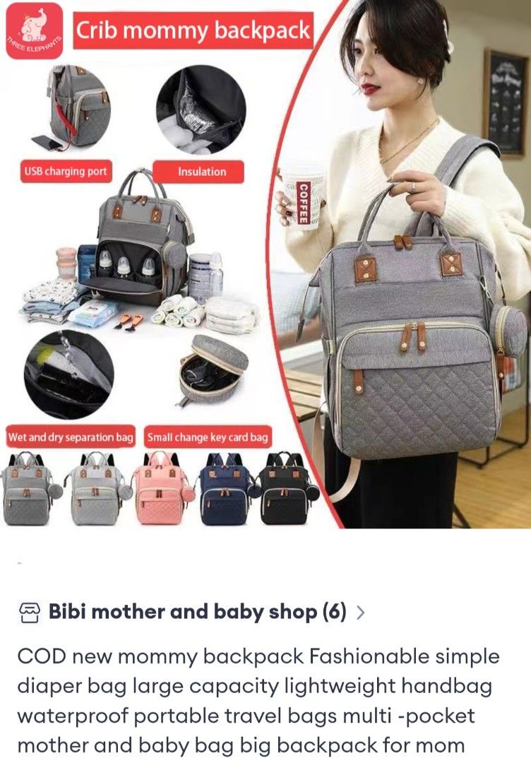 Mommy Diaper Bag - Grey (Category: Diaper Bags & Wetbags) located in Pasig City. Submitted by apscloset (Listing ID 1408805205, Image 1). Description: Preloved diaper bag... In great condition... Barely used... Price negotiable or serious buyers... RFS: decluterring... Mommy backpack is designed for convenience and style. It features a USB charging port, insulation, and wet/dry separation. It includes a small change key card bag. The bag measures
