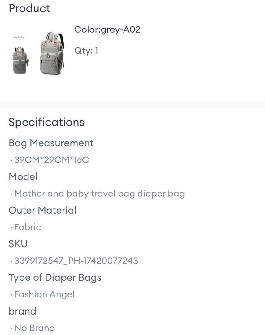 Mommy Diaper Bag - Grey (Category: Diaper Bags & Wetbags) located in Pasig City. Submitted by apscloset (Listing ID 1408805205, Image 2). Description: Preloved diaper bag... In great condition... Barely used... Price negotiable or serious buyers... RFS: decluterring... Mommy backpack is designed for convenience and style. It features a USB charging port, insulation, and wet/dry separation. It includes a small change key card bag. The bag measures