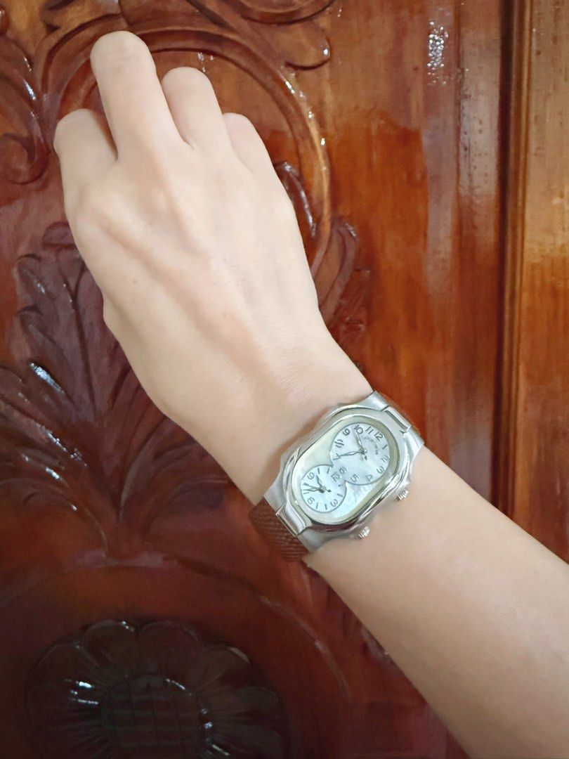 Philip Stein Signature watch (Category: Women's Watches) located in Manila. Submitted by annafinds (Listing ID 1408876463, Image 3). Description: Philip Stein Signature watch with a dual time zone mother of pearl dial in an eight-shape stainless steel case and a brown leather strap. ₱21,500 Open for layaway..