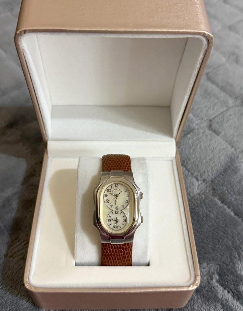 Philip Stein Signature watch (Category: Women's Watches) located in Manila. Submitted by annafinds (Listing ID 1408876463, Image 2). Description: Philip Stein Signature watch with a dual time zone mother of pearl dial in an eight-shape stainless steel case and a brown leather strap. ₱21,500 Open for layaway..