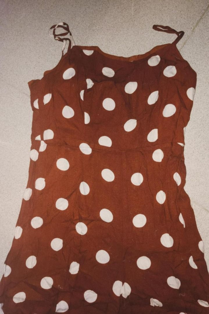 polka dot sleeveless jumpsuit (brown + white dots) (Category: Dresses) located in Quezon City. Submitted by _frieren_ (Listing ID 1408871109, Image 1). Description: price: ₱180 fit: relaxed and breathable color: rust brown with white polka dots style: one-piece jumpsuit (sleeveless + long pants) condition: preloved, good condition, slightly used only material: soft, lightweight fabric, comfy for casual wear .