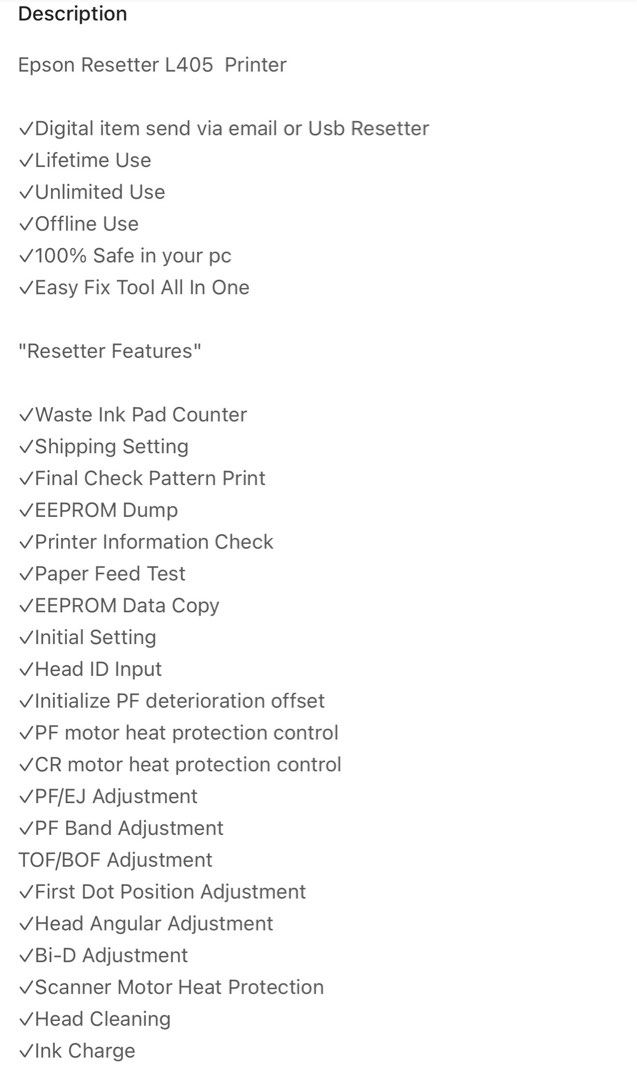 Resetter for Epson L405 Printer (Category: Software) located in Quezon City. Submitted by gritxfaith (Listing ID 1408833495, Image 2). Description: Resetter for Epson L405 Printer Files will be sent online after payment via google drive. Lifetime use..