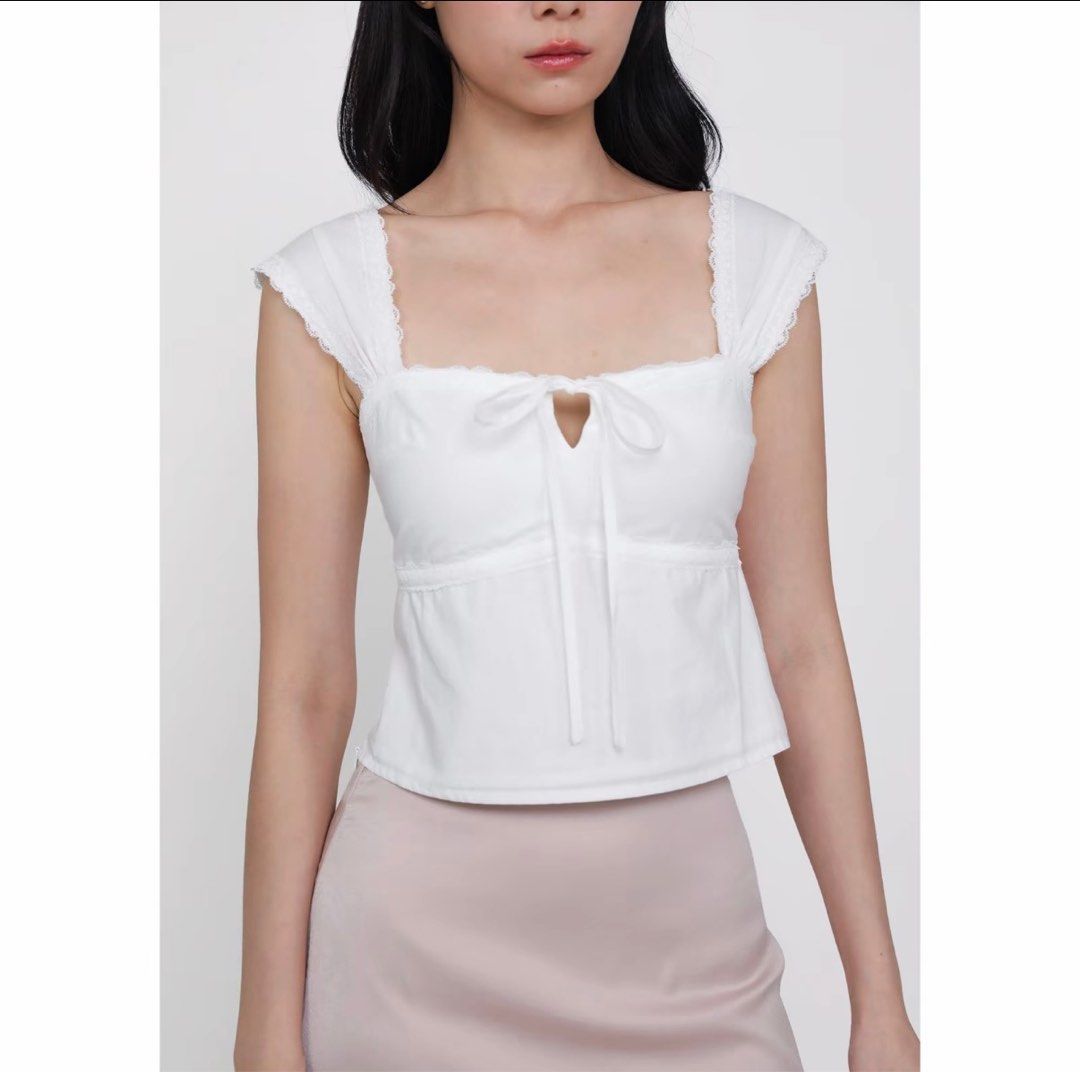 TTR thetinselrack Nyu ribbon lace trim padded top in white, size S