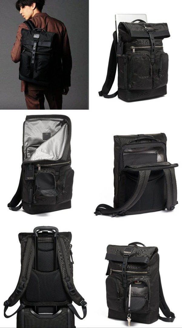 TUMI Alpha Bravo London Roll Top Laptop Backpack (Category: Backpacks) located in Cebu City. Submitted by gabgaaab (Listing ID 1408858836, Image 1). Description: - TUMI Alpha Bravo London Roll Top Laptop Backpack - Roll-top closure - Multiple exterior pockets - Padded laptop compartment - Luggage sleeve - Includes dust bag - Black color - Adjustable shoulder straps - Sleek design, suitable for men and women.