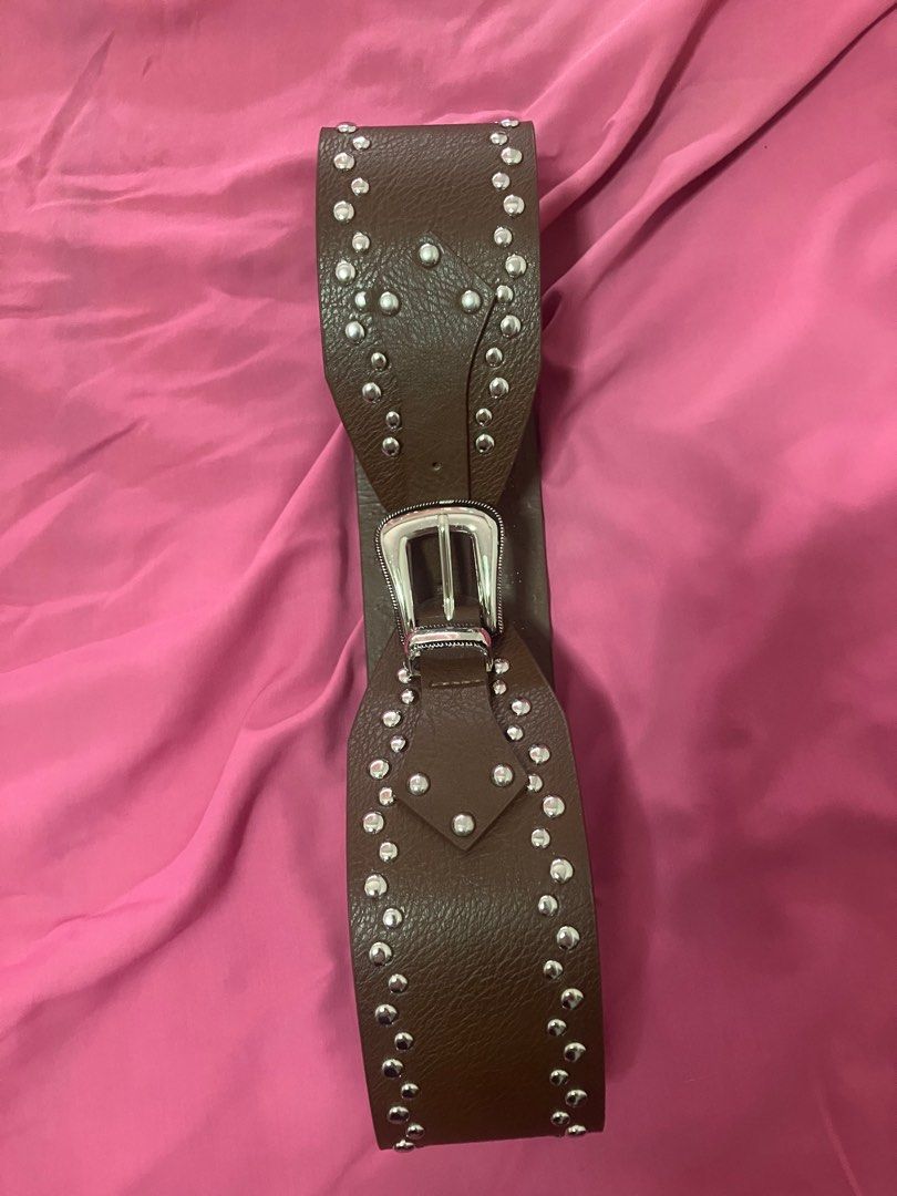 Z4ra style no brand studded y2k cowboy coffee brown thick belt | waist belt brown uneven leather buckled studs rivets coffee dark brown belt | ahs pinterest cowboy alt punk western horse girl equestrian pinterest (Category: Belts) located in Quezon City. Submitted by redumbrella02 (Listing ID 1405836263, Image 2). Description: Length 41.5inch.